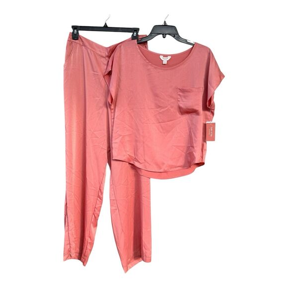 NWT State of Day Women 2 Piece Silky Short Sleeve Top Pants Pajama Set Blue Pink - Picture 3 of 6